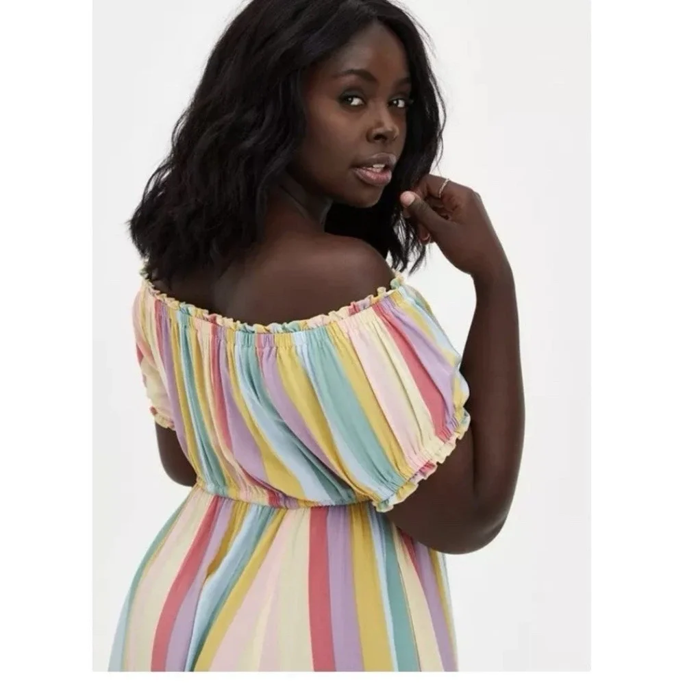 Torrid Pastel Stripes M Challis Off‎ Shoulder Midi Dress Size 2X Pockets Tassels